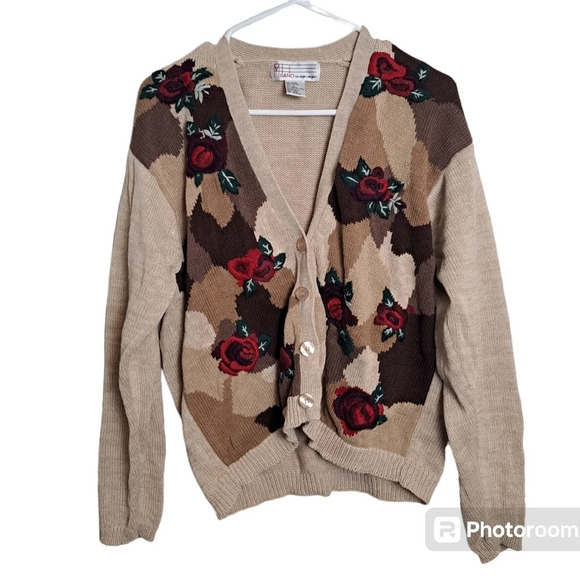 Vintage Milano Design Group Brown Roses Knit Button Up Cardigan Sweater Size L - Picture 1 of 5